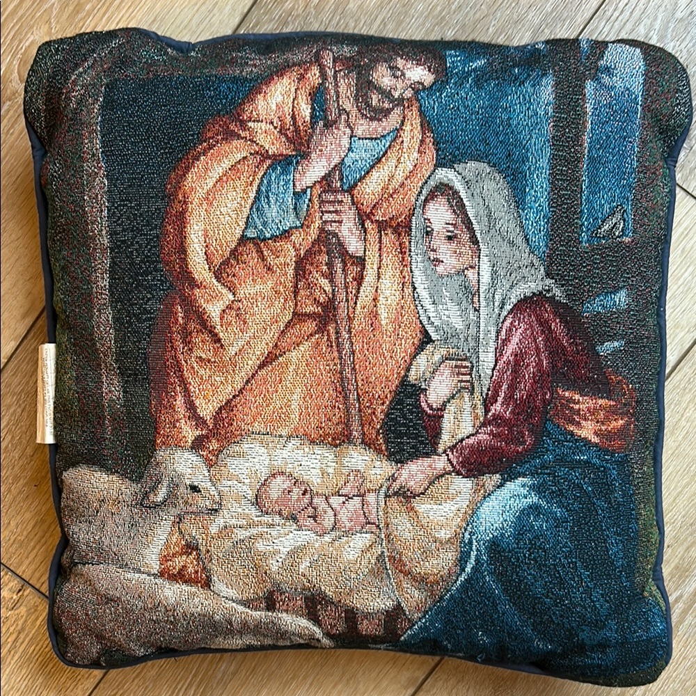 Vintage Tapestry Virgin Mary Baby Jesus Nativity Scene Throw Pillow Christmas